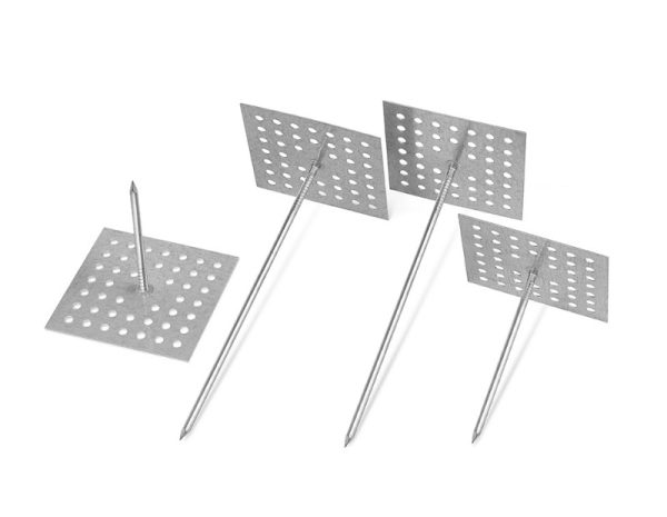Perforated base insulation pins for duct wrap, 19-400mm galvanized steel base, ClimateCarer insulation fastener supplier